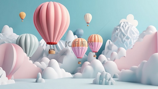 可爱的元素图案背景图片_天空高显示空间与可爱的热气球 3D 渲染概念