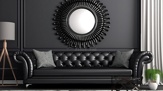 客厅氛围黑色皮革沙发和墙镜 3D 渲染插图