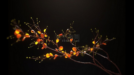 春夏叶子背景图片_在黑色背景上的 3D 渲染中具有明亮外观和粒子口音的优雅分支