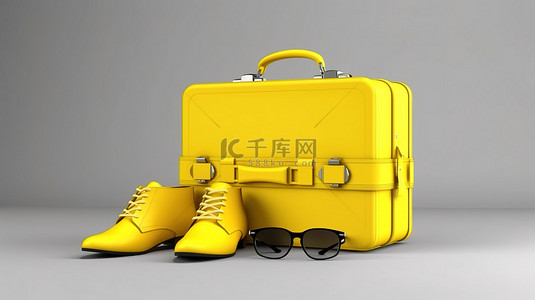 眼镜相机包鞋子和黄色手提箱的单色黄色3D渲染