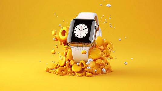 3d钟表背景图片_冰川钟表是一款 3D 渲染的智能手表，在黄色背景下捕捉停止时间的概念