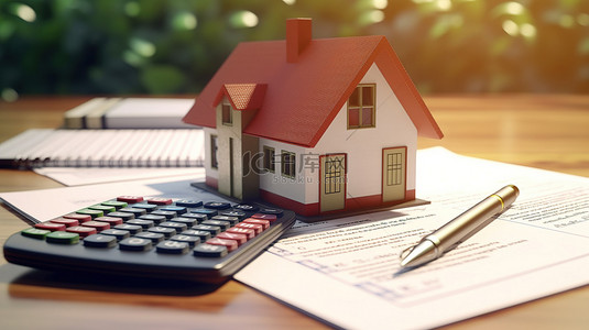 木桌上装饰着房屋形状的抵押贷款计算器和笔，旁边是 3D 渲染的贷款申请表