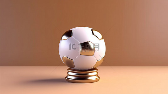 金色奖杯和皮革足球在棕色背景 3D 渲染上庆祝足球卓越
