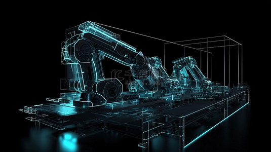 3D 渲染机器人手臂在自动化工厂概念中隔离在黑色背景上