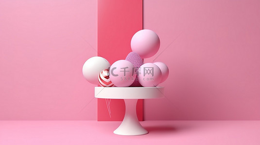 讲台周围环绕着粉红色背景中的浮动球和圆锥形状 3D 渲染，用于产品促销和广告