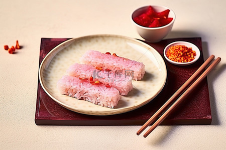 用筷子将甜米饭放在盘子上，并饰以红辣椒
