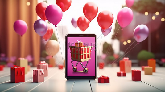 折扣券背景图片_网上购物制作特殊礼盒和购物袋气球飞升高3D渲染