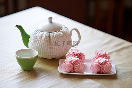 茶袋包装背景图片_白桌布的茶壶靠近两杯玫瑰和一套茶袋