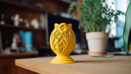 在桌面 3D 打印机上，一个黄色花瓶状的物体自豪地矗立着