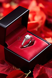 红底订婚背景图片_红叶上的订婚戒指和礼盒