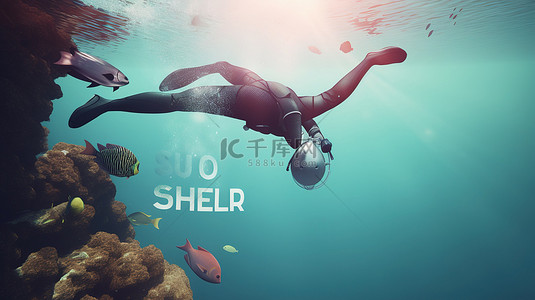 男子潜水水下背景 3D 渲染夏季销售横幅