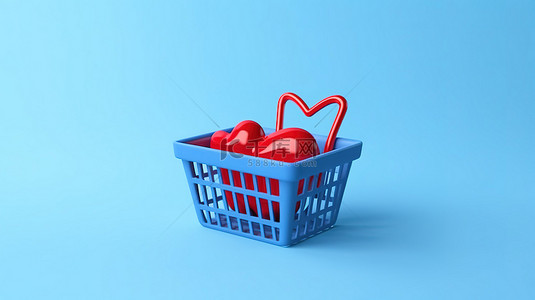 3D 渲染简约风格蓝色纸箱篮，用于杂货店购物，饰有红心