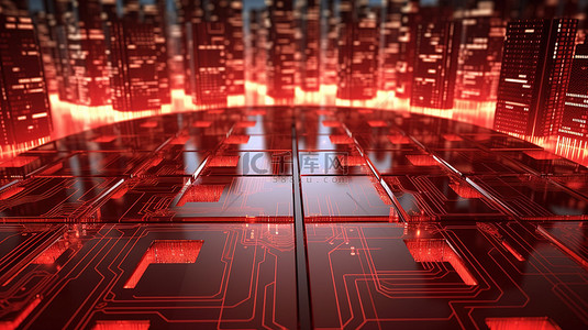 未来派 3D 渲染处理器用红色网络建筑照亮电子抽象城市板