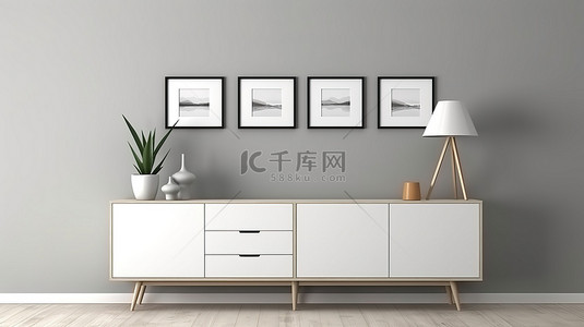 房屋简约灰色背景图片_时尚简约的白色餐具柜相框和灰色墙壁，位于以 3D 渲染的简约房间中