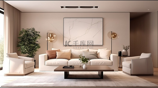 现代生活空间米色沙发餐桌抽屉柜和艺术品装饰着这个光彩夺目的3D室内空间