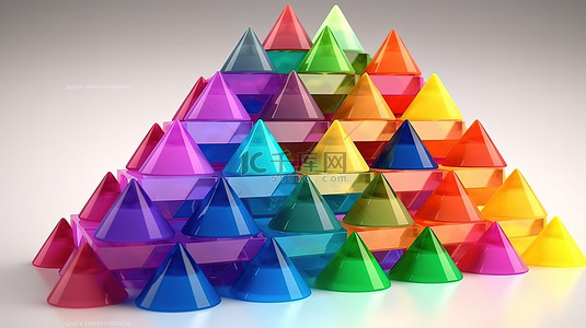 充满活力的彩虹调色板中的各种三角形令人惊叹的 3D 渲染抽象艺术品