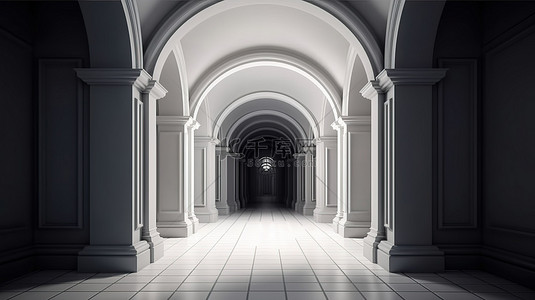 几何拱门走廊 3D 渲染的建筑走廊，有柱子和空墙