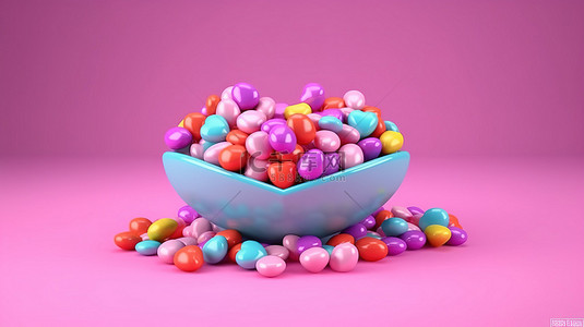 情人节灵感 3D 渲染，在充满活力的粉红色背景上呈现多色心形糖果