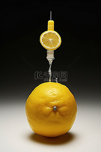 水果背景图片_柠檬侧面有一个注射器出来