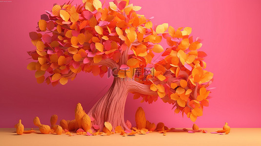 热带树叶子背景图片_粉红色和黄色背景中的橙叶树 3d 渲染