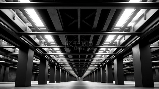 灰色建筑设计背景图片_3D 渲染的黑色工业建筑设计，具有引人注目的天花板和墙梁