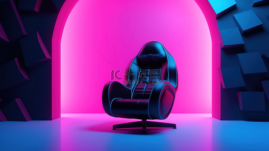 现代游戏扶手椅采用时尚的黑色和蓝色设计，装饰在抽象房间中，在充满活力的粉红色背景 3D 渲染上带有弧线