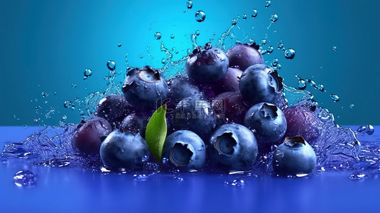 水滴溅水背景图片_紫色背景上水滴溅在蓝莓上的 3D 插图