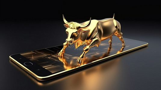 商务平板电脑上金牛雕塑的 3D 渲染