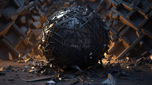 抽象 3D 渲染中具有科幻背景的混沌低聚黑色球体