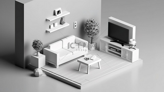 单色白色等距微型客厅 3d 图标，带电视和沙发