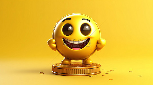 3D 渲染黄色背景，具有金色吉祥物角色，带有抽象充电电池，用于忠诚计划奖金硬币