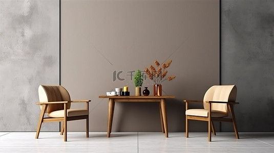 现代室内海报样机的令人惊叹的 3D 渲染，配有木椅和桌子