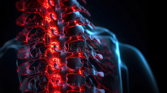 疼背景图片_脊柱中的红色骨折椎骨描绘了通过 3D 渲染创建的背部问题