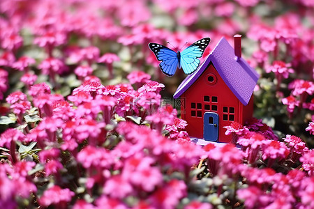 邮箱签名背景图片_红色的房子和红色花坛里的蓝色蝴蝶