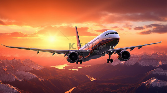 离开背景图片_令人惊叹的 3D 插图，展示一架商用飞机在令人惊叹的日落中翱翔