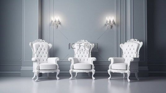 永恒的室内 3D 渲染图像中的传统座椅，具有充足的复制空间