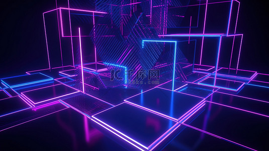 紫色赛博朋克背景图片_紫色和蓝色霓虹灯未来主义 3D 渲染中的抽象几何背景