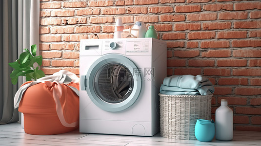 堆洗衣服背景图片_现代洗衣机，配有洗涤剂瓶和衣服堆，靠在砖墙上 3d 渲染