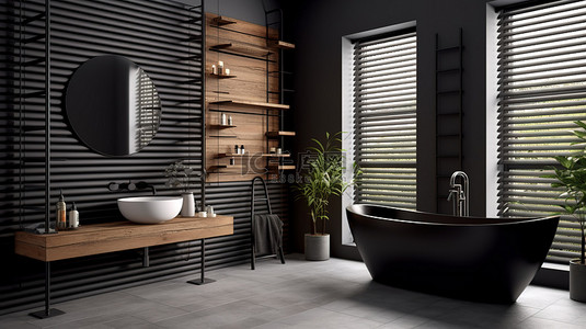 现代别致的浴室设计，配有浴缸梯子和 3D 渲染的黑墙
