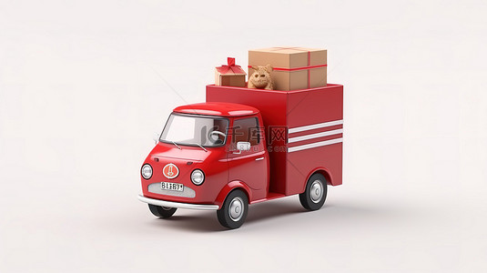 白色背景下运送快递纸板箱的卡通红色送货车的 3D 渲染
