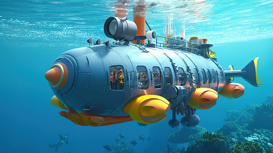 3D 渲染的卡通潜艇在极端近距离被海洋包围