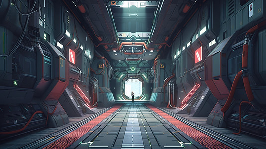 科幻插画太空飞船走廊，3D 渲染中带有绿色和红色霓虹灯背景
