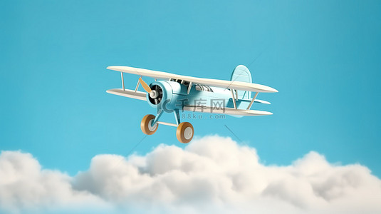自由翱翔天空背景图片_蓝天高极简主义 3D 渲染飞机在云层中翱翔