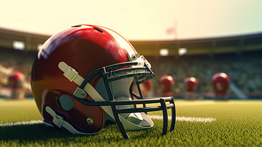 球场上有美式足球和头盔的足球场的 3D 插图