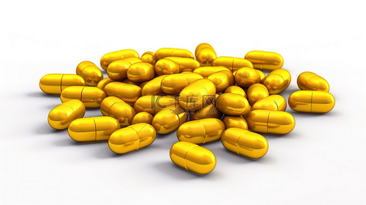 在白色背景 3d 渲染药物或维生素丸上分离的黄色膳食补充剂片剂