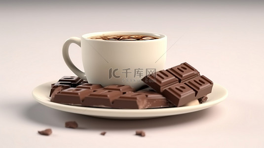 奶油新鲜每日黑巧克力，杯子上有巧克力棒 3D 渲染