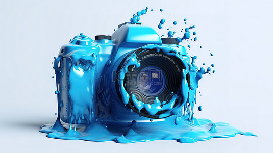 斑点形状的蓝色油漆填充相机镜头，以 3D 渲染