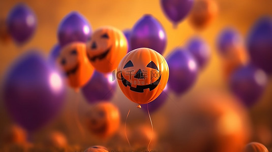 节日 10 月庆典彩色气球和杰克灯笼南瓜，带来欢乐的万圣节 3D 渲染