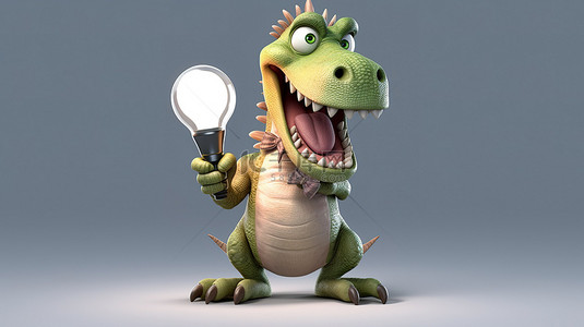 灯泡可爱背景图片_显示标志和灯泡的有趣 3D 恐龙