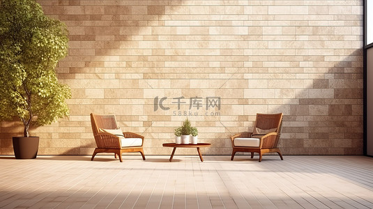 阳台装饰背景图片_藤椅装饰现代建筑露台，以 3D 渲染的砖墙为特色